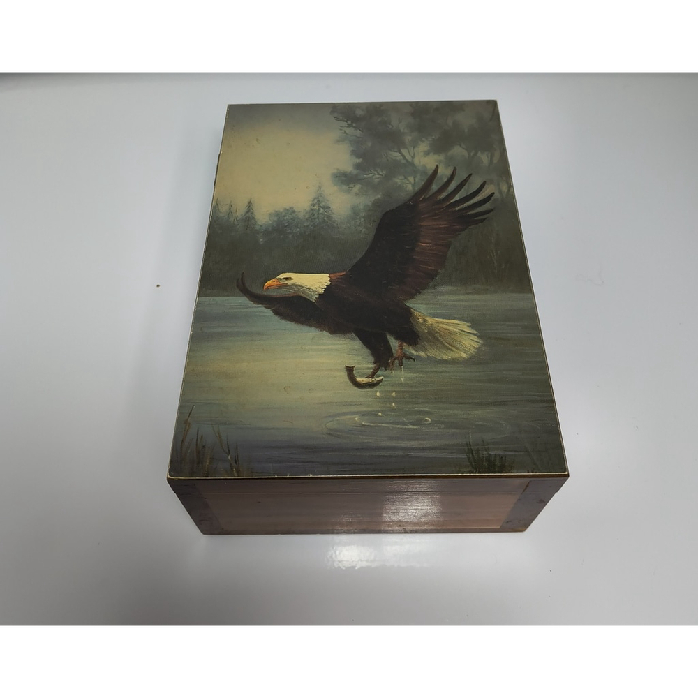Vintage Wooden‎ Jewelry Trinket Box Bald Eagle Great Smoky Mountains Souvenir